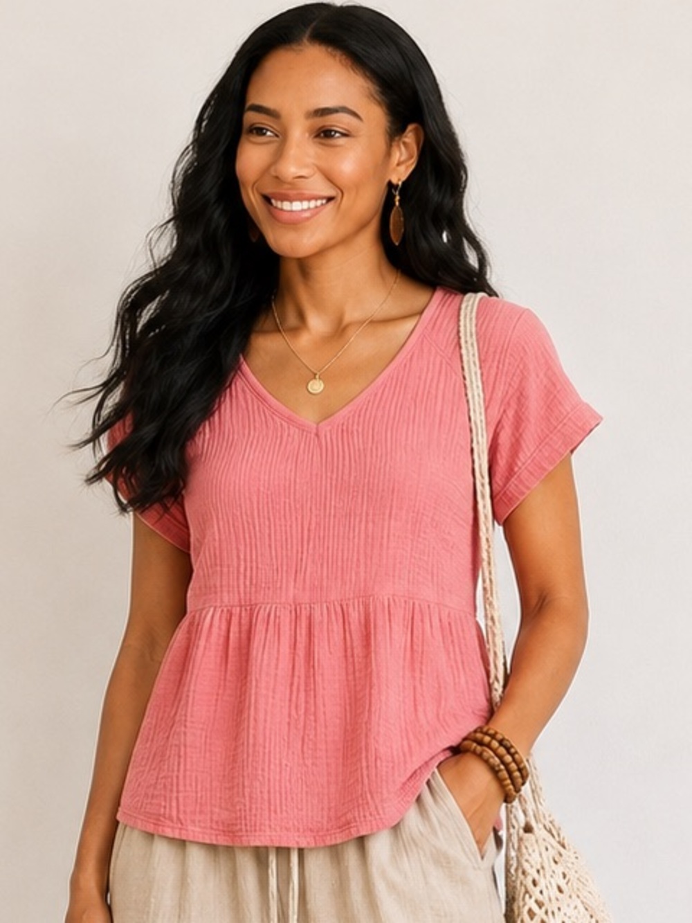Maurices Soft Coral Double Gauze Peplum Top | Boho Cotton Textured V-Neck Blouse